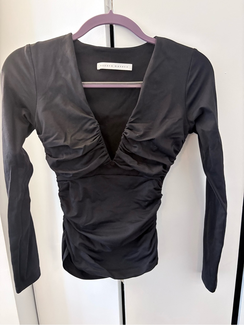 Susana Monaco Black Ruched Deep V Long Sleeve Top